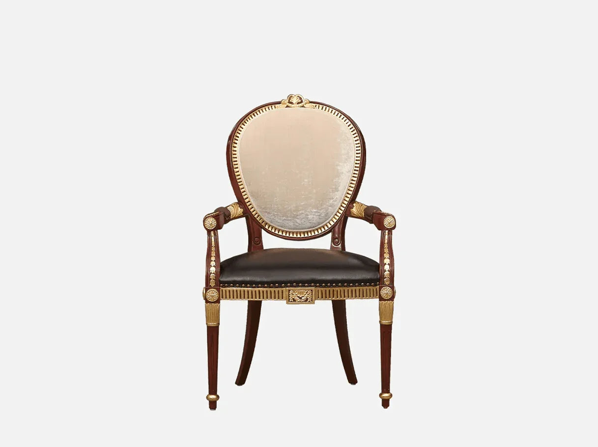 Brown leather dining chair AC-369 front view: Beech wood frame, gold leaf accents, leather seat – ideal for high end furniture