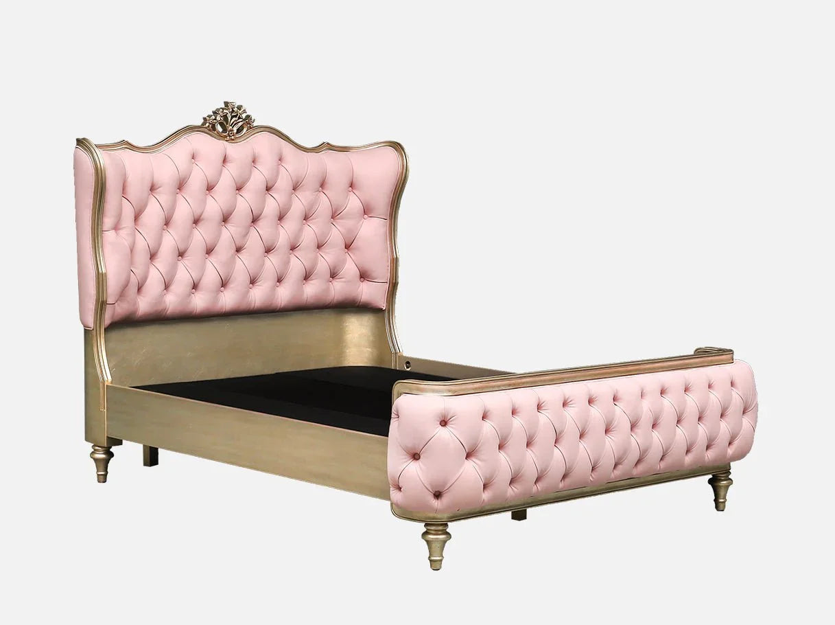 Side view of leather bed B-361 showing upholstered headboard, footboard, and gold leaf detailing.