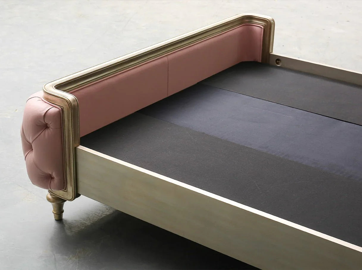 Frame structure of B-361 bed highlighting premium beechwood and leather craftsmanship.