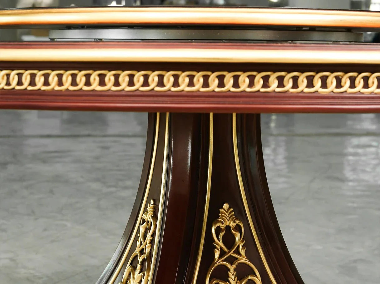 Dark wood dining table D-368 edge detail: Intricate gold leaf inlay, carved wood pattern – highlights craftsmanship.