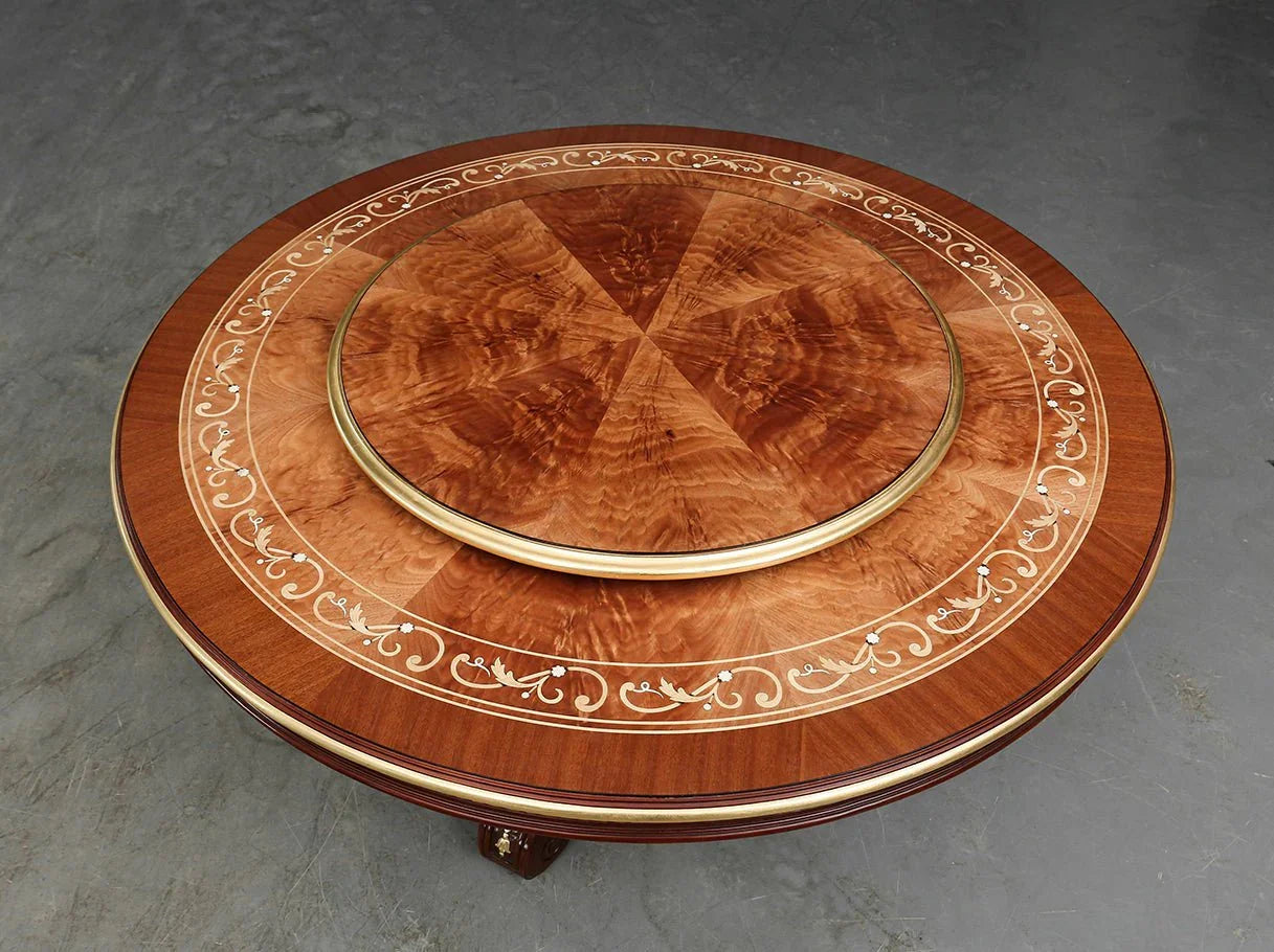 Dark wood dining table D-368 tabletop detail: Wood-veneer surface, rotating tray, refined finish with gold trim – perfect for upscale dining.