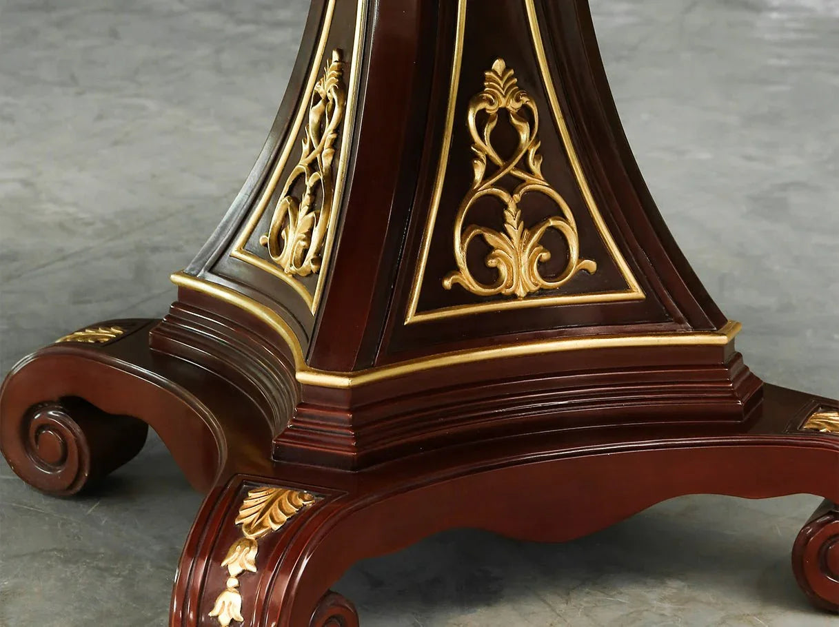 Dark wood dining table D-368 base detail: Ornate hand-carving, gold leaf embellishments on dark wood – complements french style furniture.