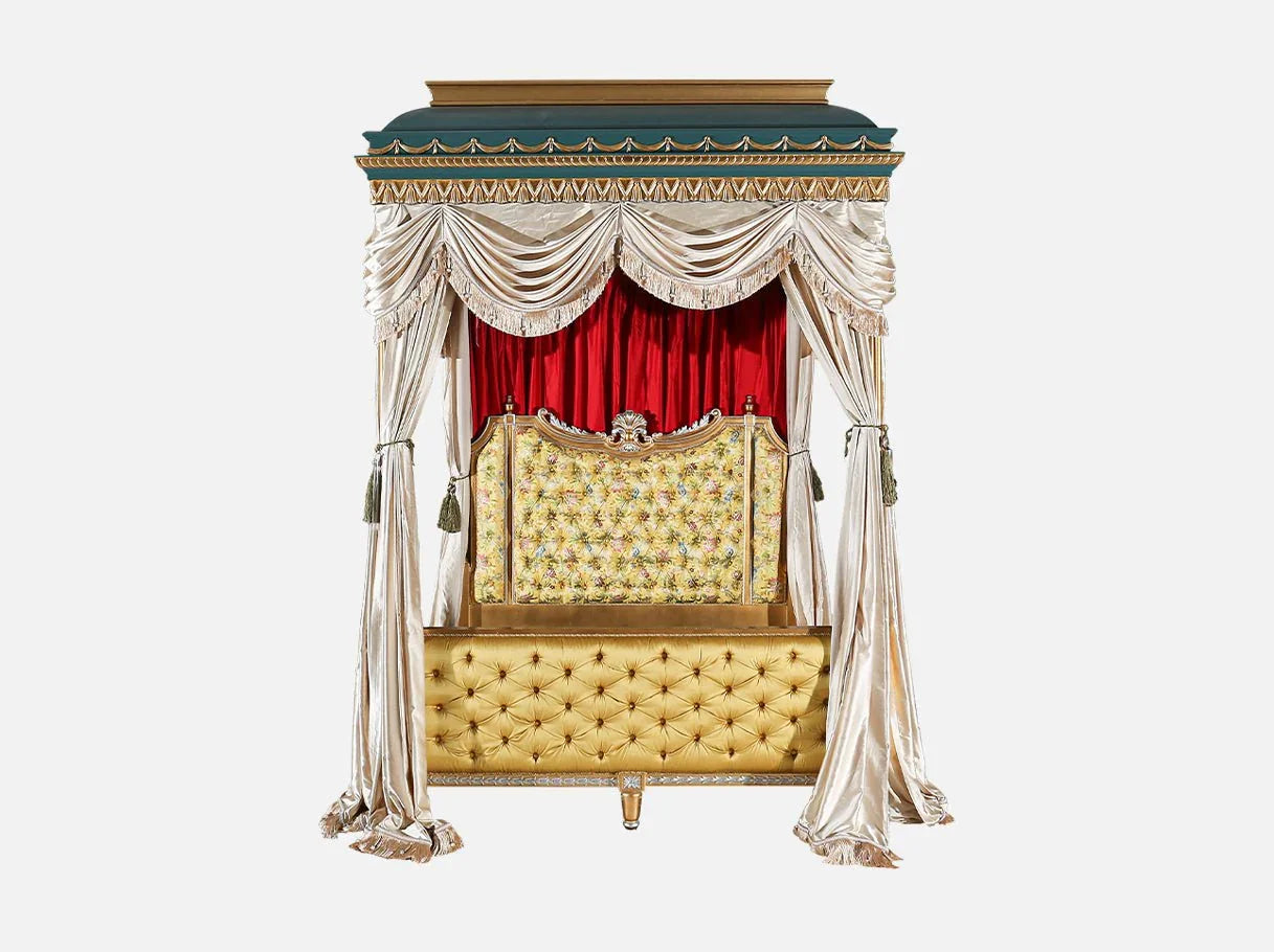 Luxury canopy bed B-400 with hand-carved beechwood frame, gold leaf detailing, and draped classical canopy front view.
