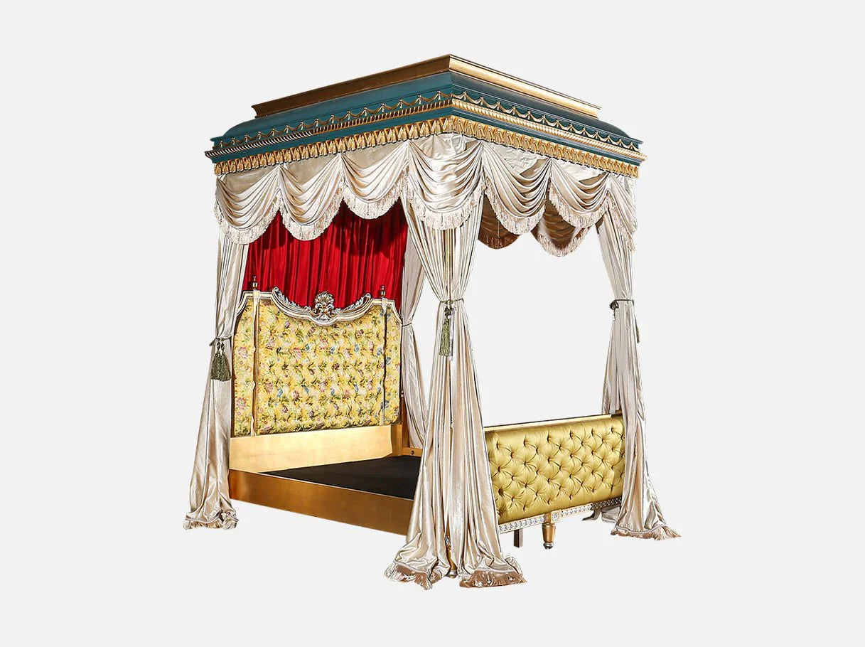 Side angle of B-400 canopy bed featuring jacquard fabric headboard, velvet footboard, and sculpted wooden posts.