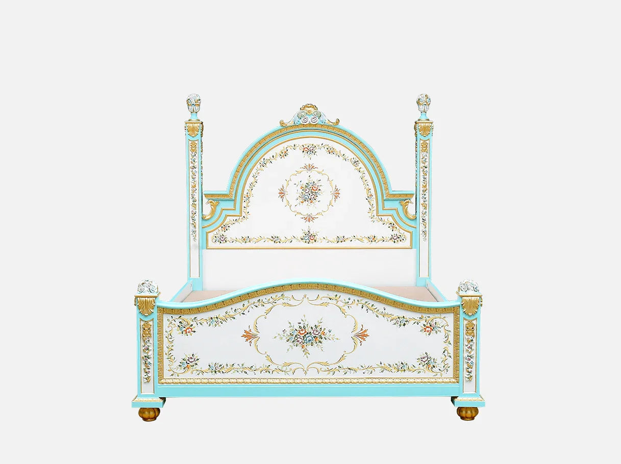 Front view of luxury French bed B-016 with arched headboard, hand-carved beechwood frame, gold leaf accents, and floral painted motifs.