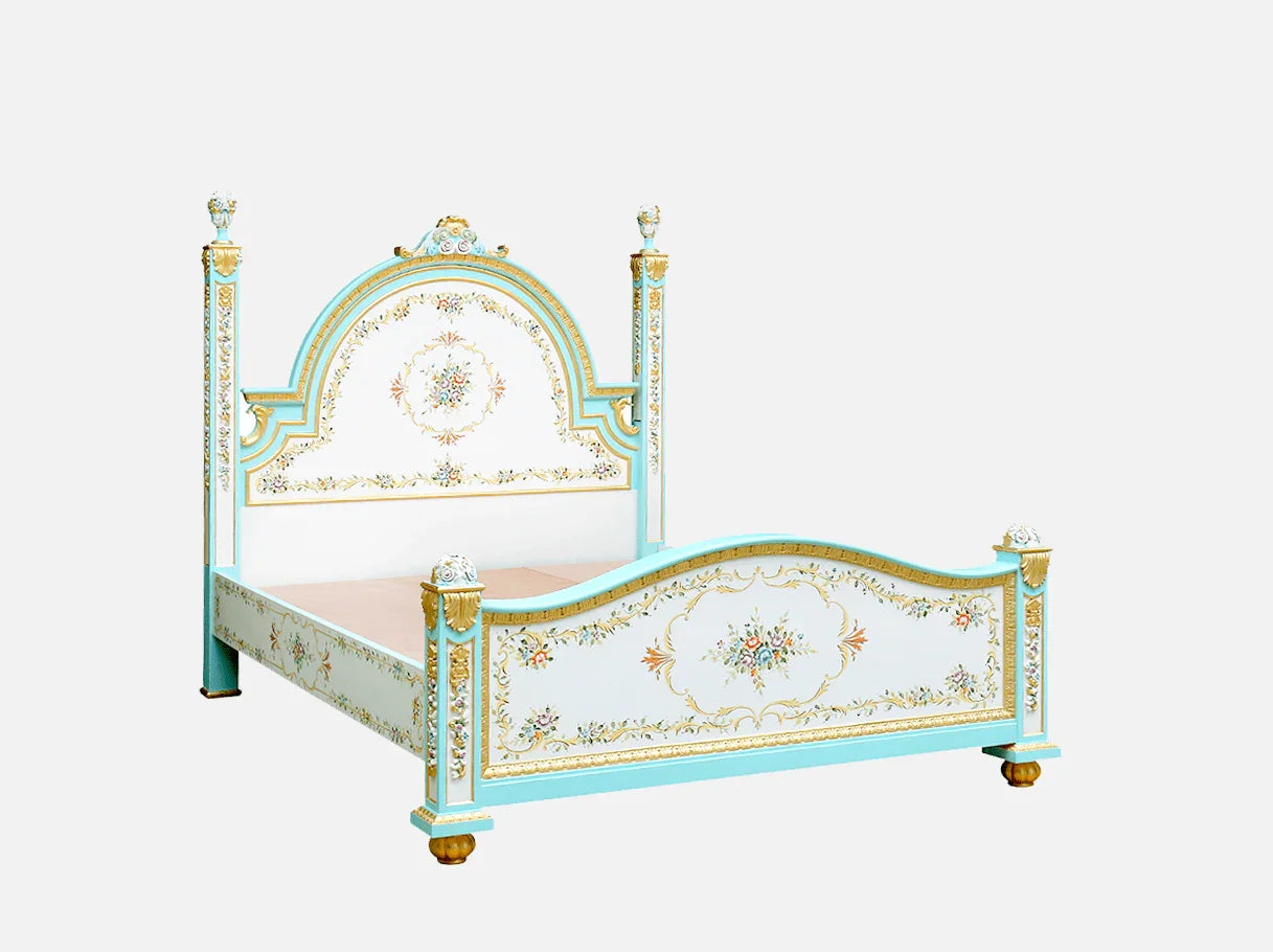 Classical French bed frame B-016 with sculpted posts, gold leaf highlights, and hand-painted floral decorations in angled view.