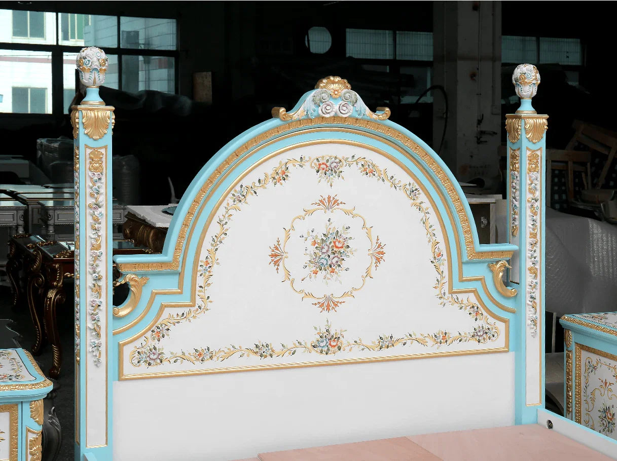 Hand-carved antique French style bed B-016 featuring beechwood structure, ornamental posts, and delicate floral painted artistry.