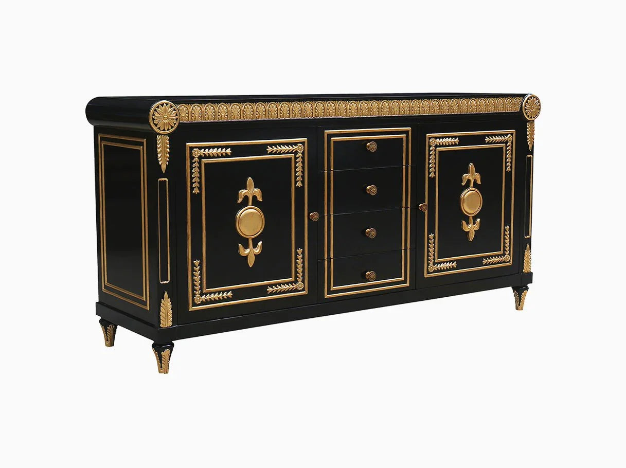 Black sideboard R-077 side: Sleek silhouette, carved beech wood legs, black & gold accents – ideal for elegant interiors.