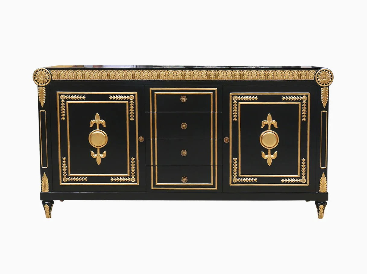 Black sideboard R-077 front: Ornate carved details, gold leaf trim, black finish – fits high-end dining rooms, artisan-crafted.