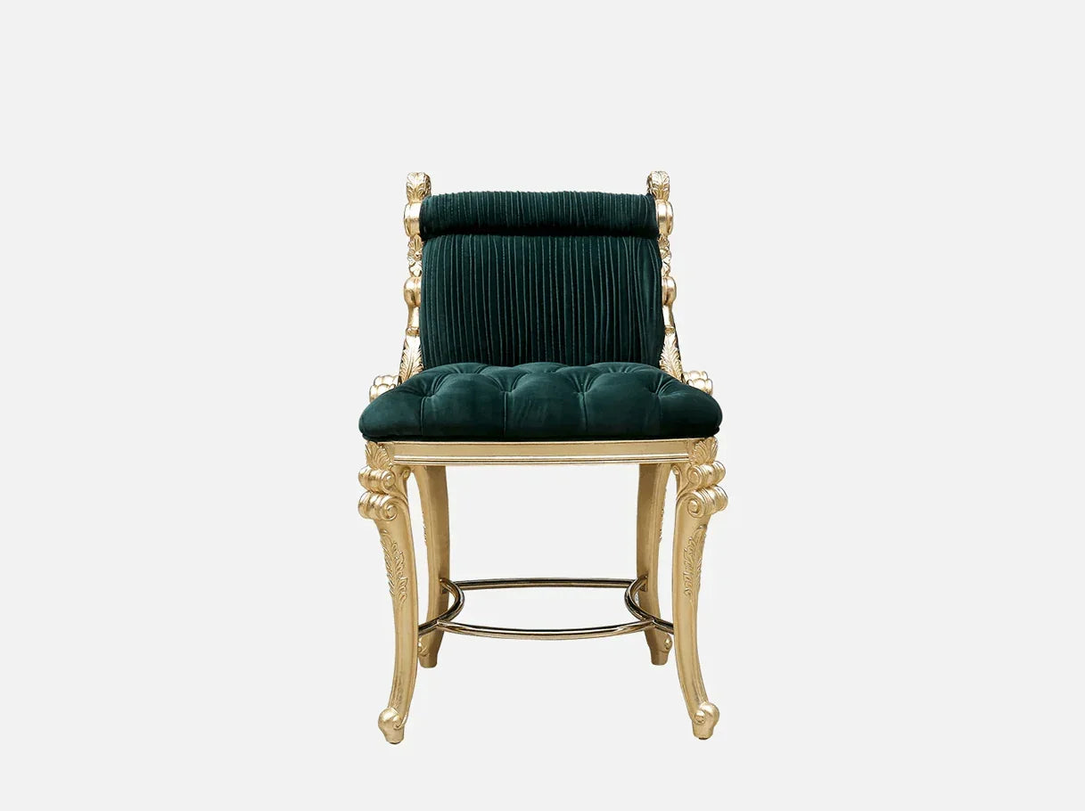 Velvet dining chair DC-041 front view: Beech wood carving, gold leaf accents, emerald velvet upholstery – ideal for high end furniture