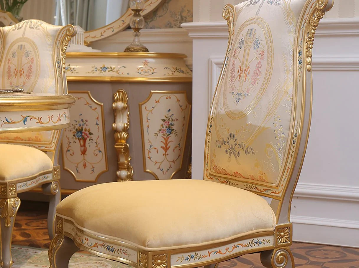 DC-0421 solid wood dining chair back view: Intricate beech wood carving, floral jacquard fabric – highlighting french style artistry