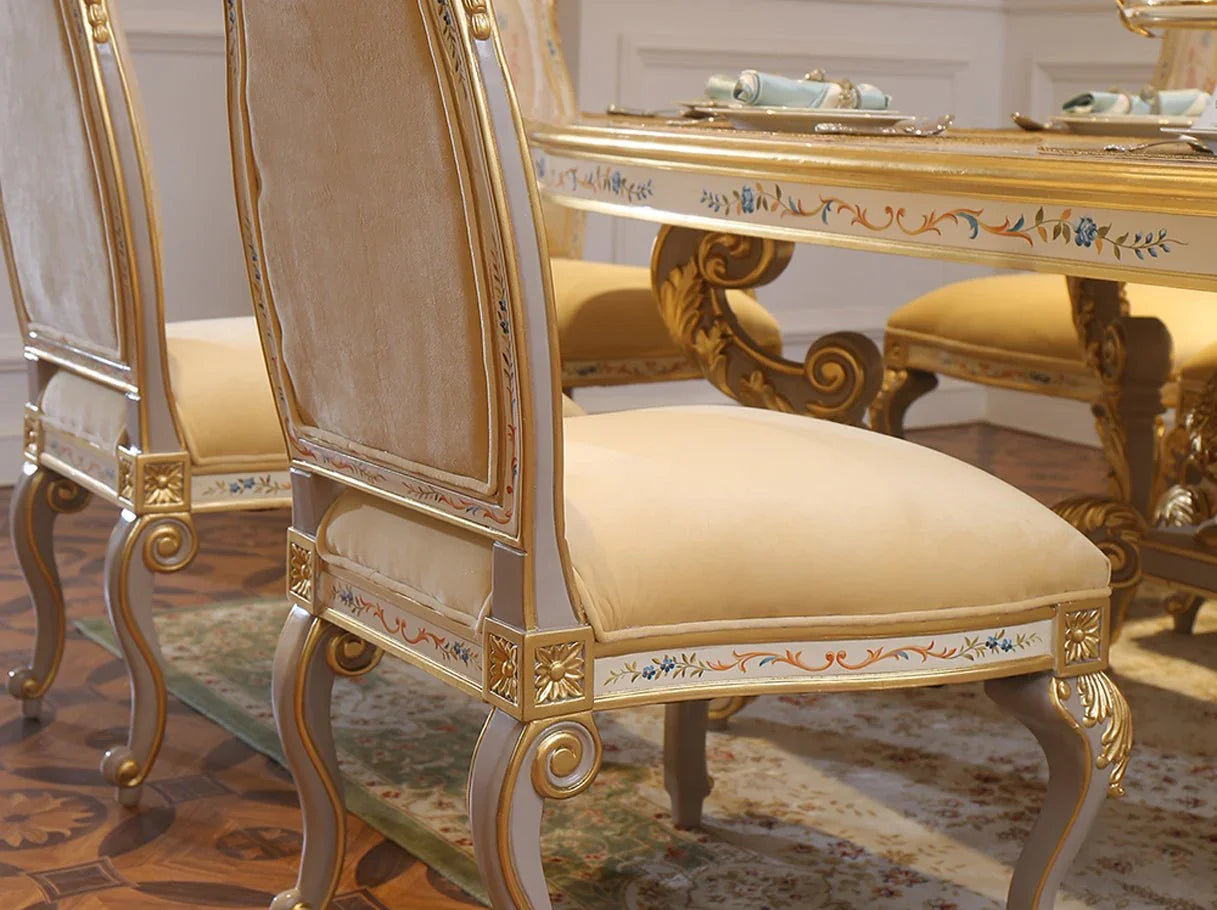 Solid wood dining chair DC-0421 in dining room: Floral jacquard backrest, gold leaf trim – perfect for french style interiors