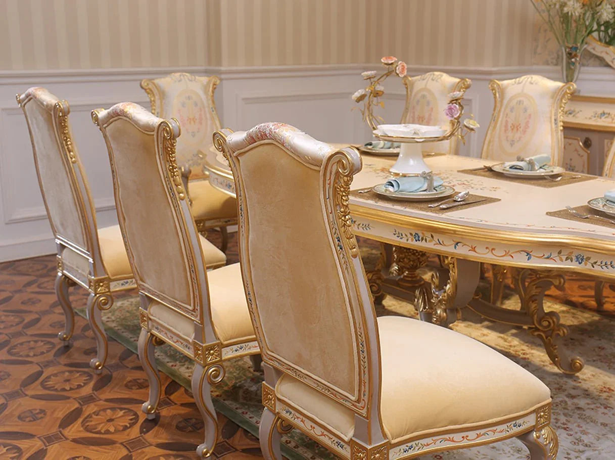 Solid wood dining chairs DC-0421 in dining set: Gold leaf accents, plush velvet seats – ideal for high end furniture collections