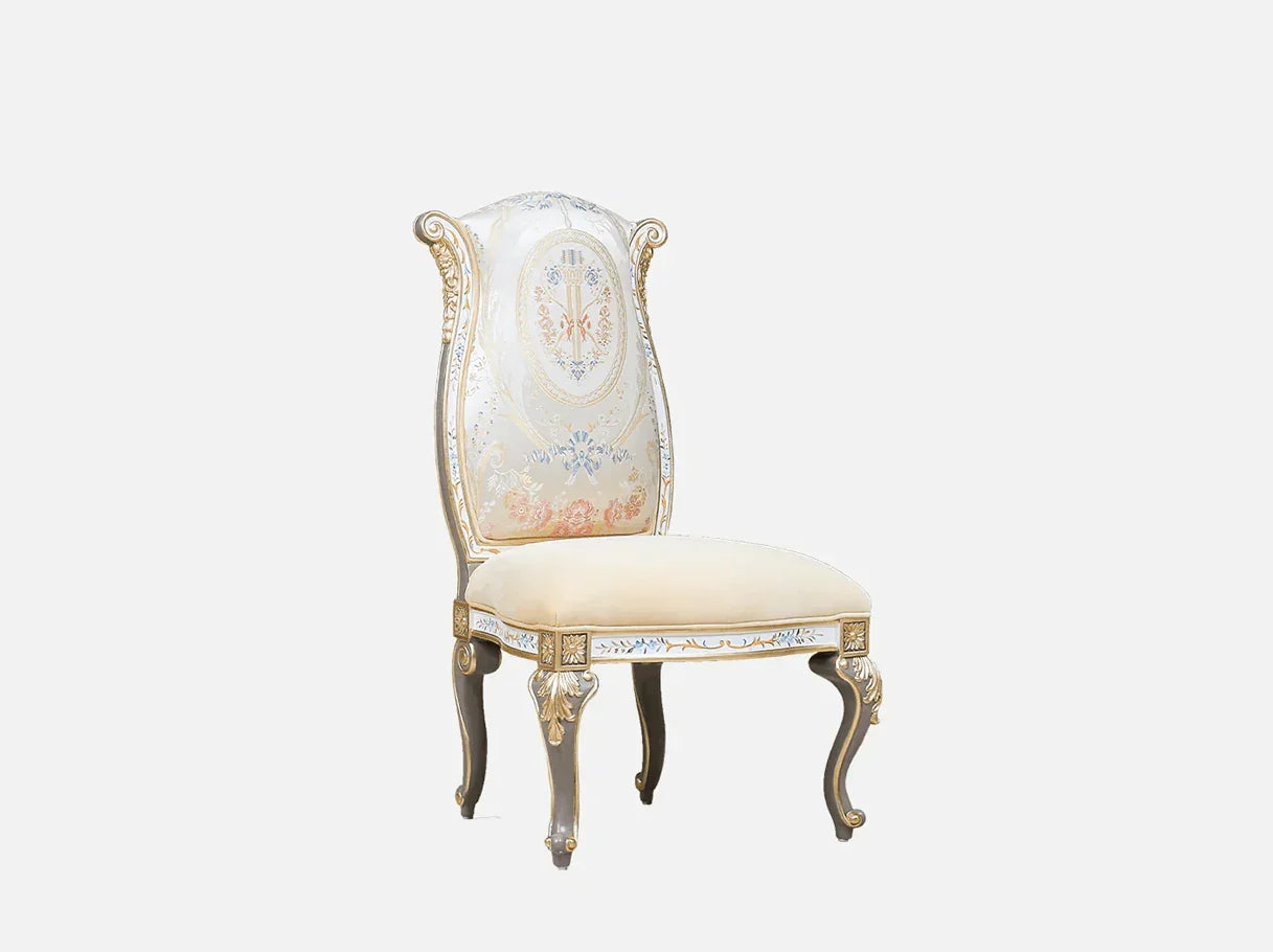 DC-0421 solid wood dining chair side view: Curved legs, ornate carvings, french style gold detailing – exemplifying elegance