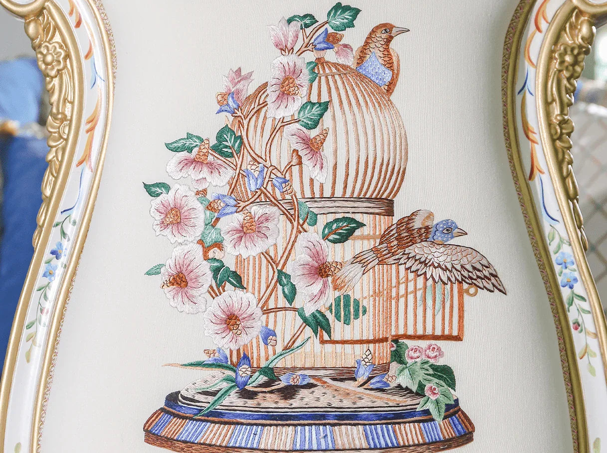 DC-0422 wingback dining chair detail: Intricate Suzhou embroidery, beech wood frame with gold leaf – highlighting french style artistry