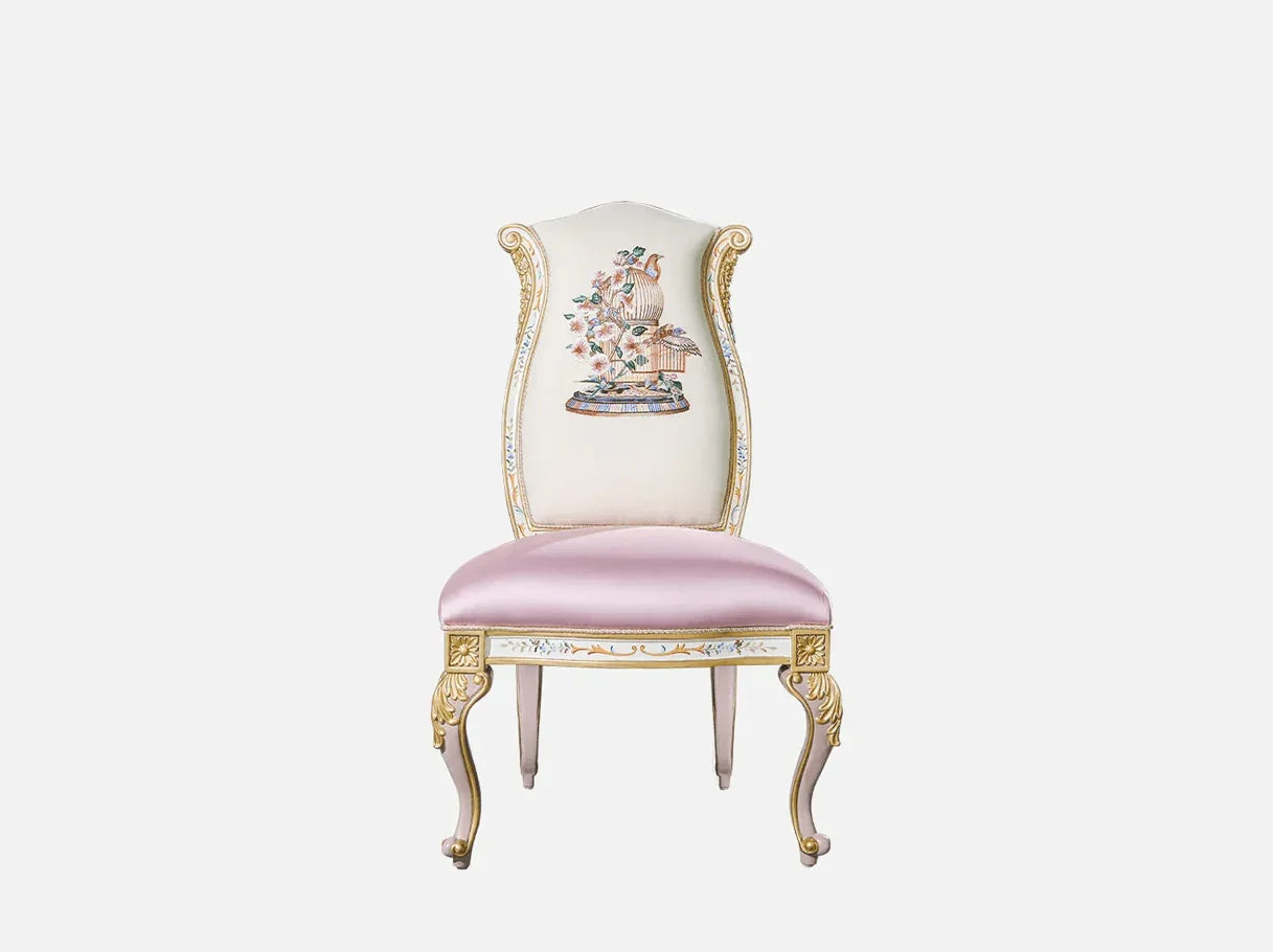 Wingback dining chair DC-0422 front view: Beech wood frame, Suzhou embroidered back, silk seat – ideal for high end furniture