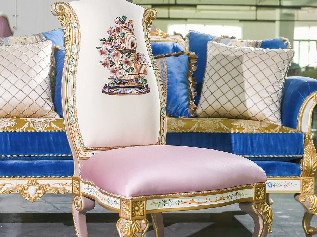 DC-0422 wingback dining chair detail: Gold leaf trim, premium silk upholstery – ideal for high end furniture