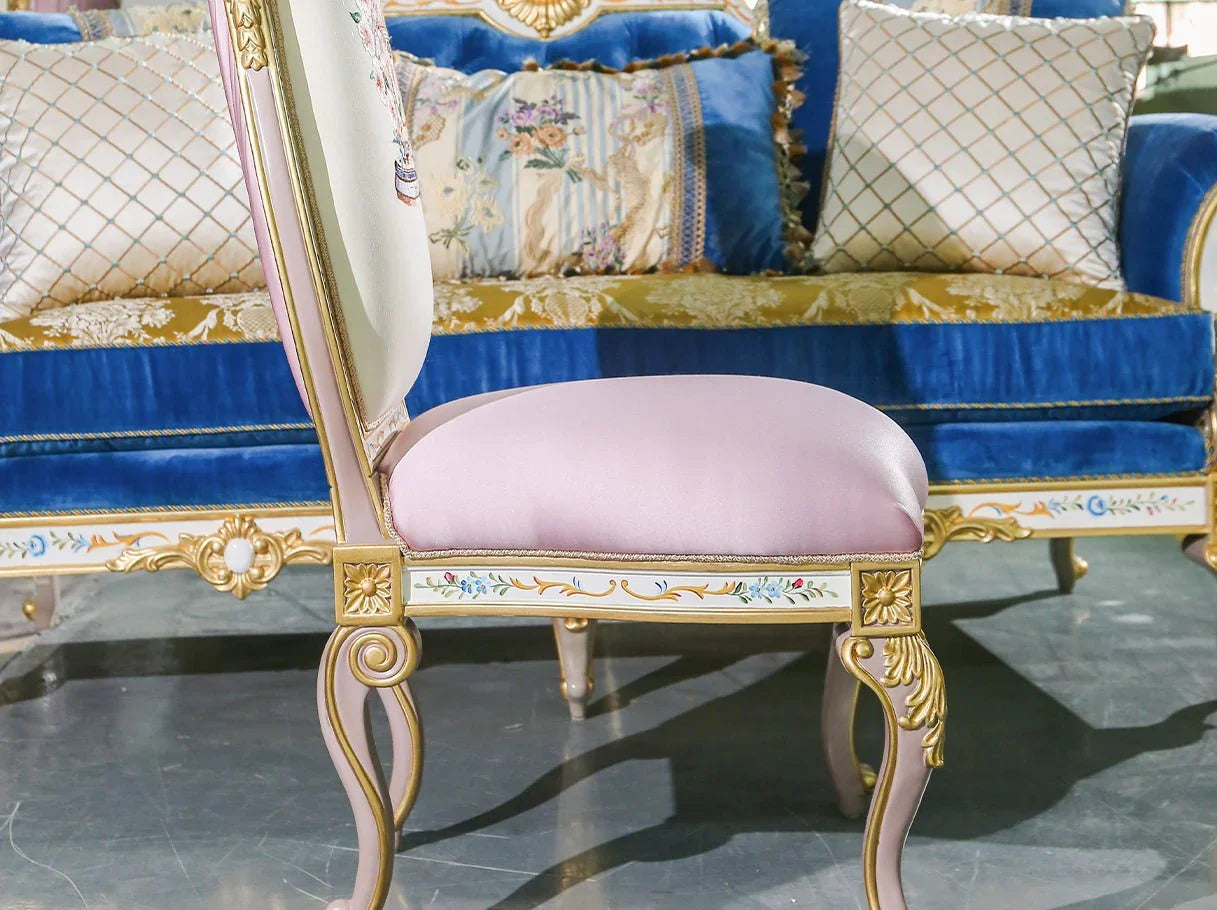 Wingback dining chairs DC-0422 in dining set: Silk seats, embroidered backs – perfect for french style interiors
