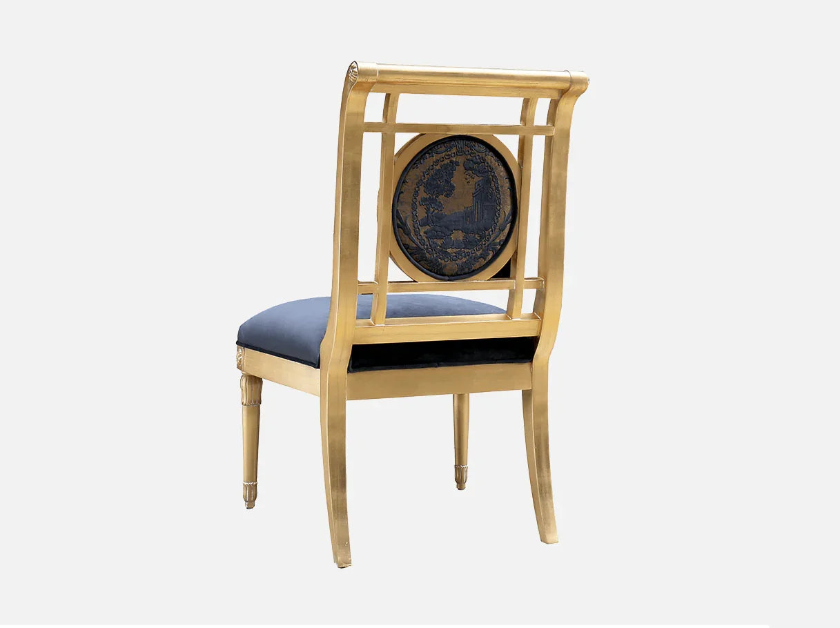 DC-077 dining chair back view: Ornate jacquard medallion, beech wood frame with gold leaf – highlighting french style artistry