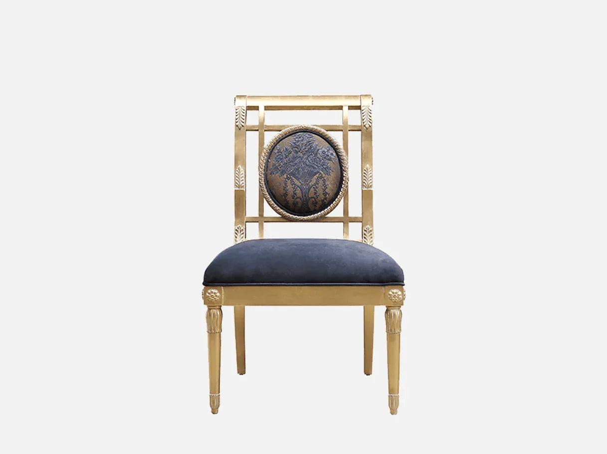 Fabric & velvet dining chair DC-077 front view: Beech wood carving, gold leaf, jacquard back – ideal for high end furniture