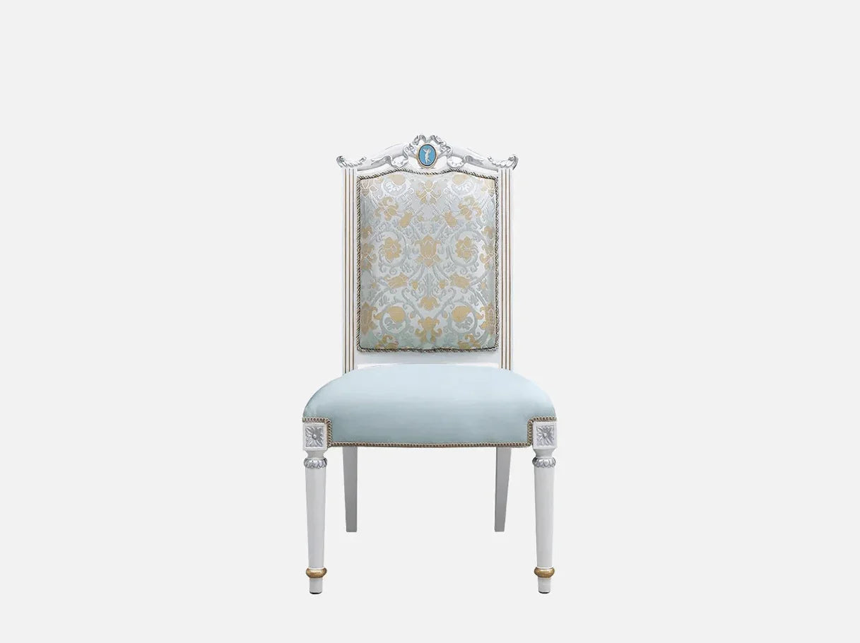 Upholstered dining chair DC-078 front view: Beech wood carving, french style gold leaf accents – ideal for high end furniture spaces