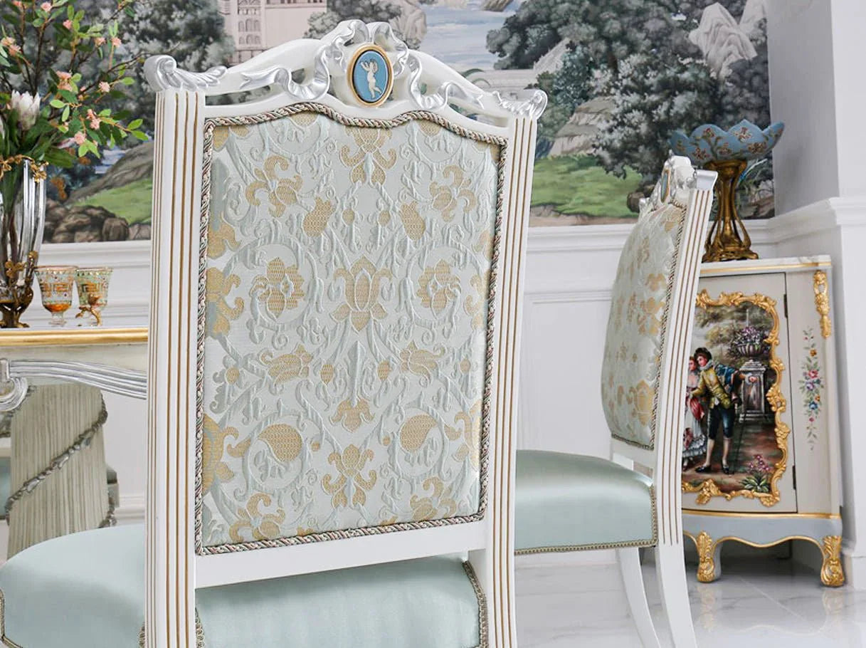 DC-078 dining chair back view: Hand-carved beech wood, jacquard fabric – highlighting french style furniture artistry
