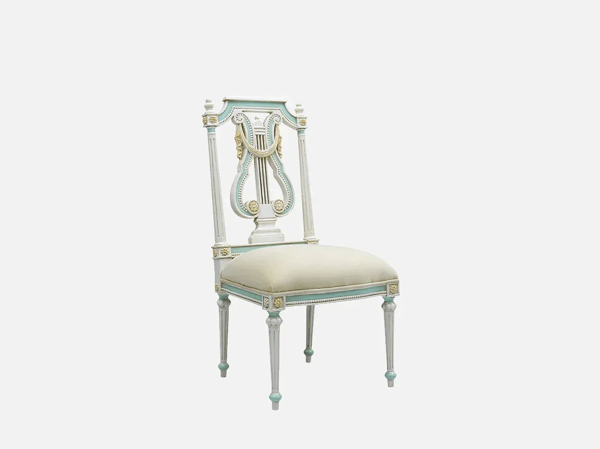 DC-081 dining chair side view: Curved back profile, carved legs, french style gold accents – exemplifying elegance
