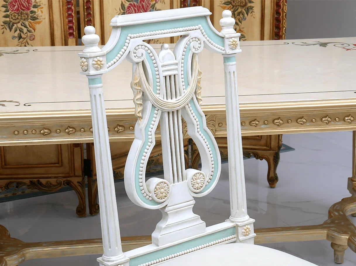 Curved back dining chairs DC-081 in dining set: Velvet seats, curved profiles – perfect for french style interiors