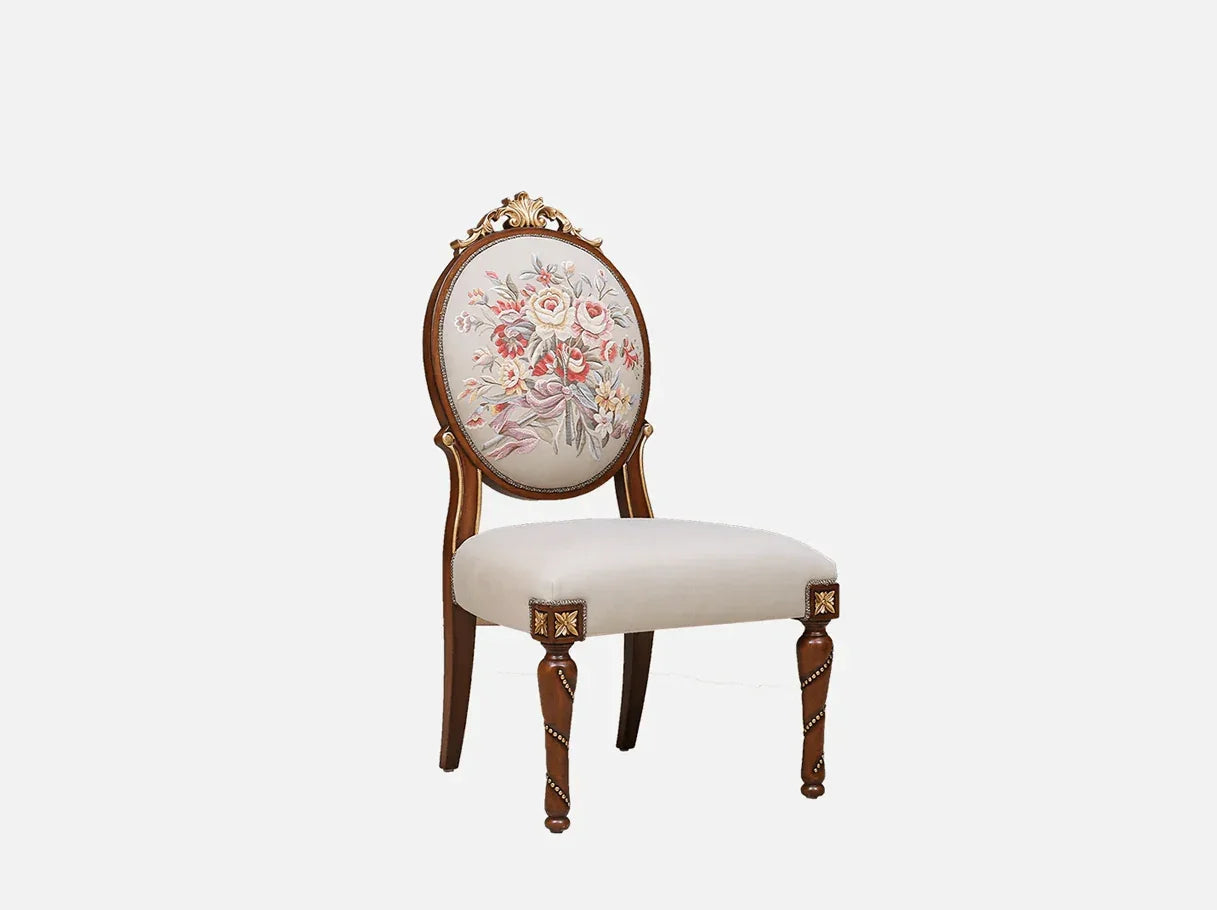 DC-082 dining chair side view: Carved legs, gold leaf accents, french style detailing – exemplifying elegance