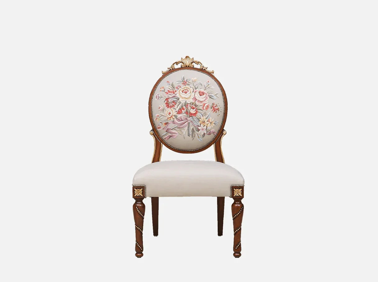Dining chair DC-082 front view: Beech wood frame, floral jacquard back, velvet seat – ideal for high end furniture