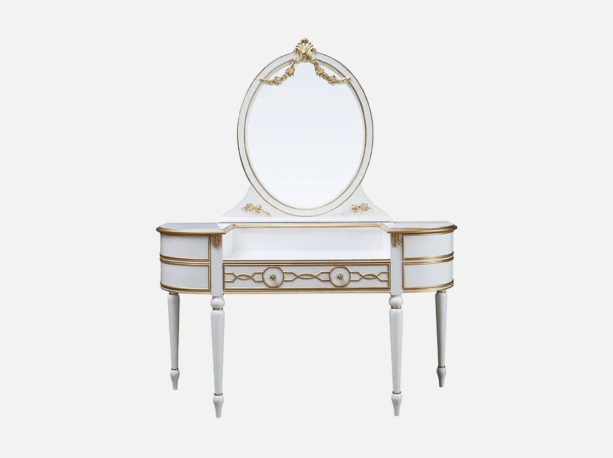 White and gold vanity V-071 with tapered legs and French classical design