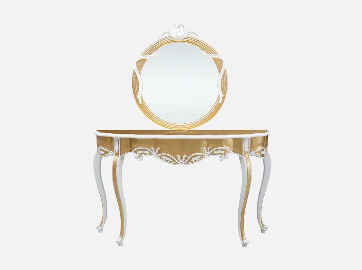 White and gold vanity with mirror V-073 with cabriole legs and French classical design