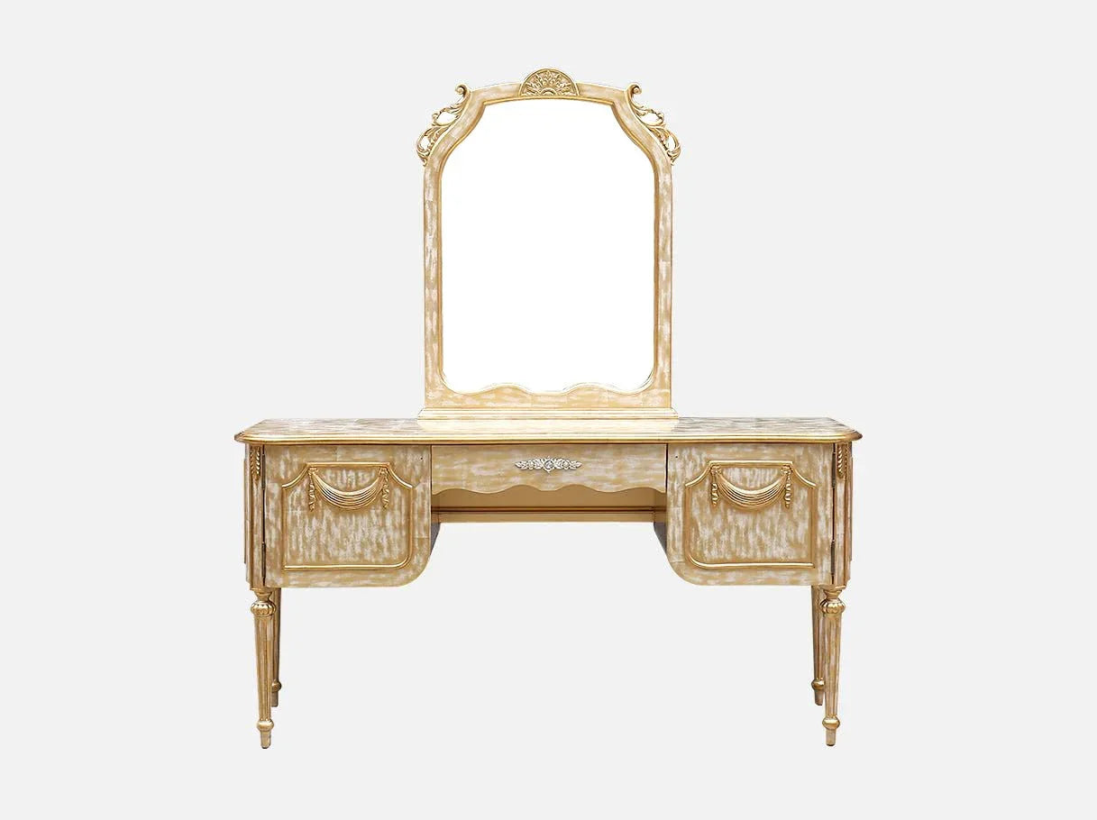 Gold vanity V-081 with ornate hand-carved beechwood frame and luminous finish.