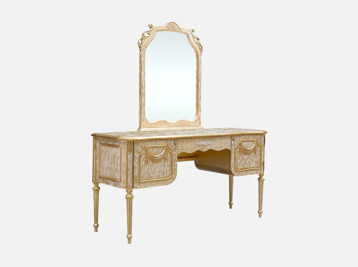Side view of French style gold vanity with tapered legs and classical detailing.