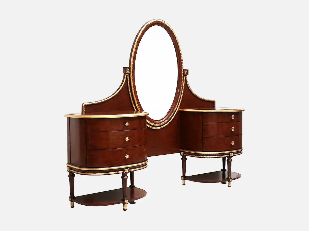 Side angle of luxury dark wood vanity showing elegant carved details and rounded drawers.