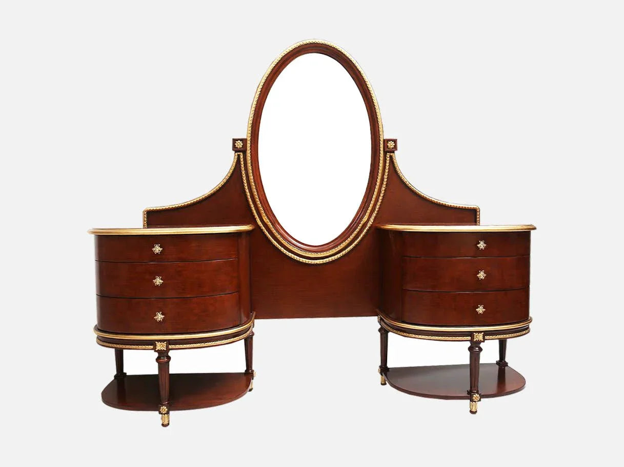 Dark wood vanity V-082 with beechwood frame, gold leaf accents, and oval mirror.