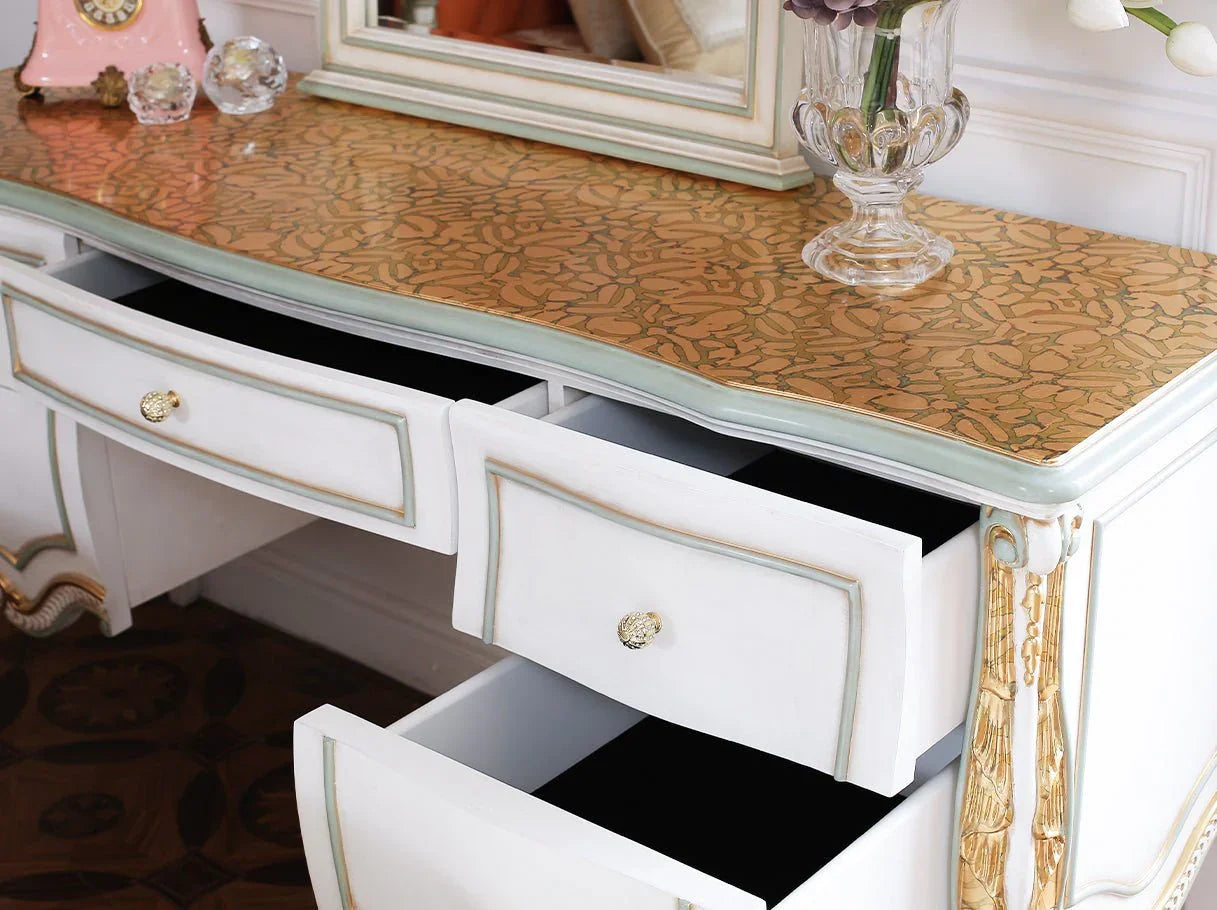 Drawer detail of vintage dressing table V-083 with refined hand-carved profiles.