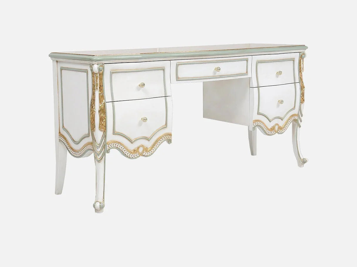 Side angle of vintage dressing table showing elegant carved legs and classical silhouette.