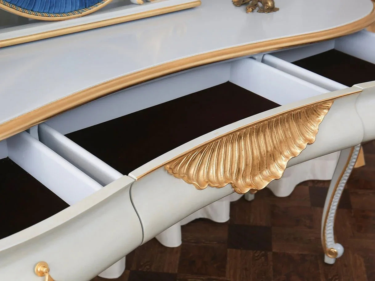 Drawer detail of French dresser V-085 showing hand-carved craftsmanship.