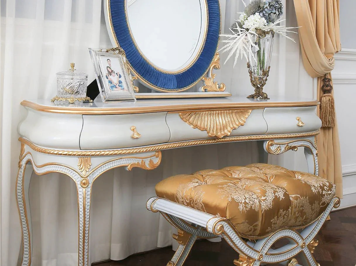 French style bedroom vanity dresser with mirror and matching stool for luxury interiors.