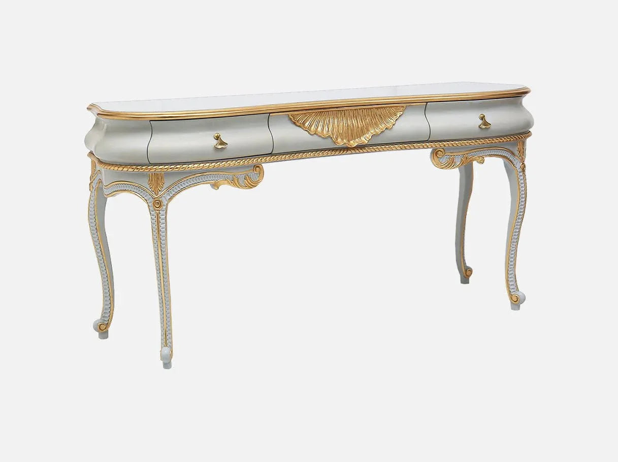 Side view of French vanity dresser with elegant cabriole legs and classical design.