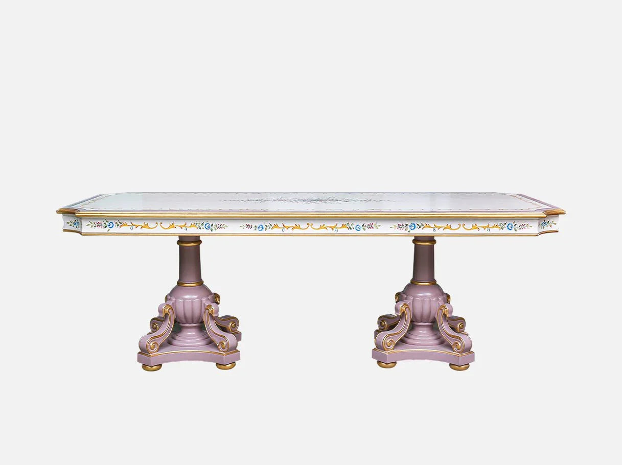 Vintage dining table D-031 front: Ornate pedestal bases, gold leaf trim, hand-painted accents – fits high-end vintage rooms.
