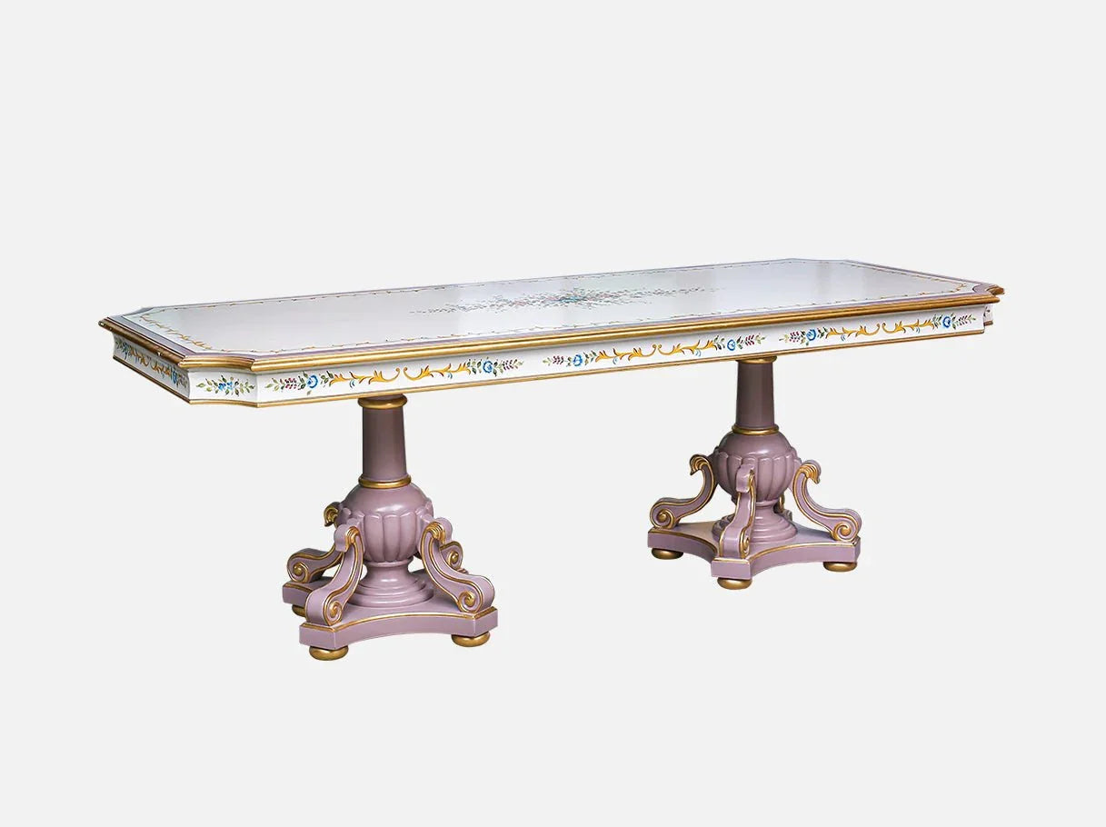 Vintage dining table D-031 side: Sleek shape, carved beech wood, pastel finish – ideal for classic interiors.