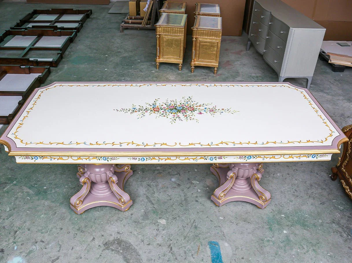 Vintage dining table D-031 tabletop: Hand-painted floral design, gold leaf trim – perfect for elegant dining.