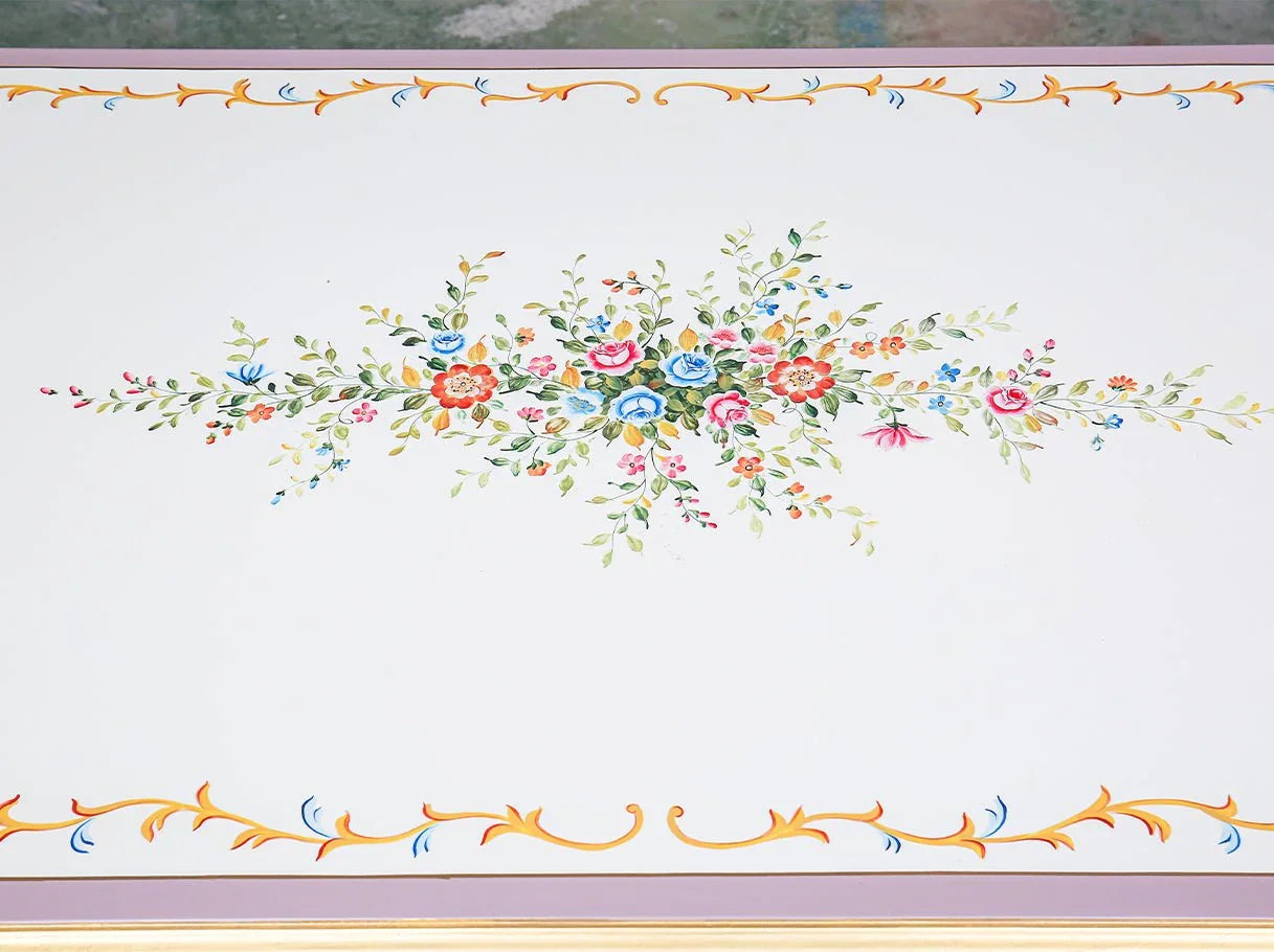 Vintage dining table D-031 detail: Delicate hand-painted flowers, gold accents – matches french style furniture.