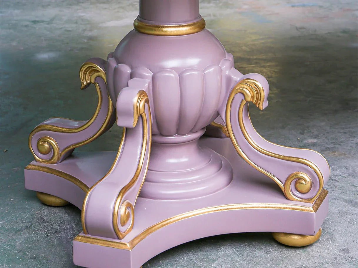 Vintage dining table D-031 base: Intricate carving, gold leaf on pastel wood – highlights craftsmanship.