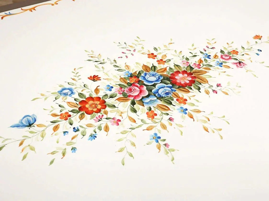 Oval wood dining table D-042 tabletop: Vibrant hand-painted floral design, gold leaf trim – perfect for elegant dining.