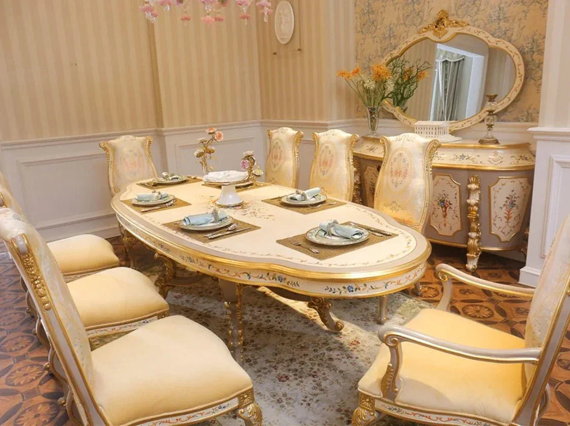 Oval wood dining table D-042 in dining space: Matches french style chairs, ornate decor – great for vintage-inspired gatherings.