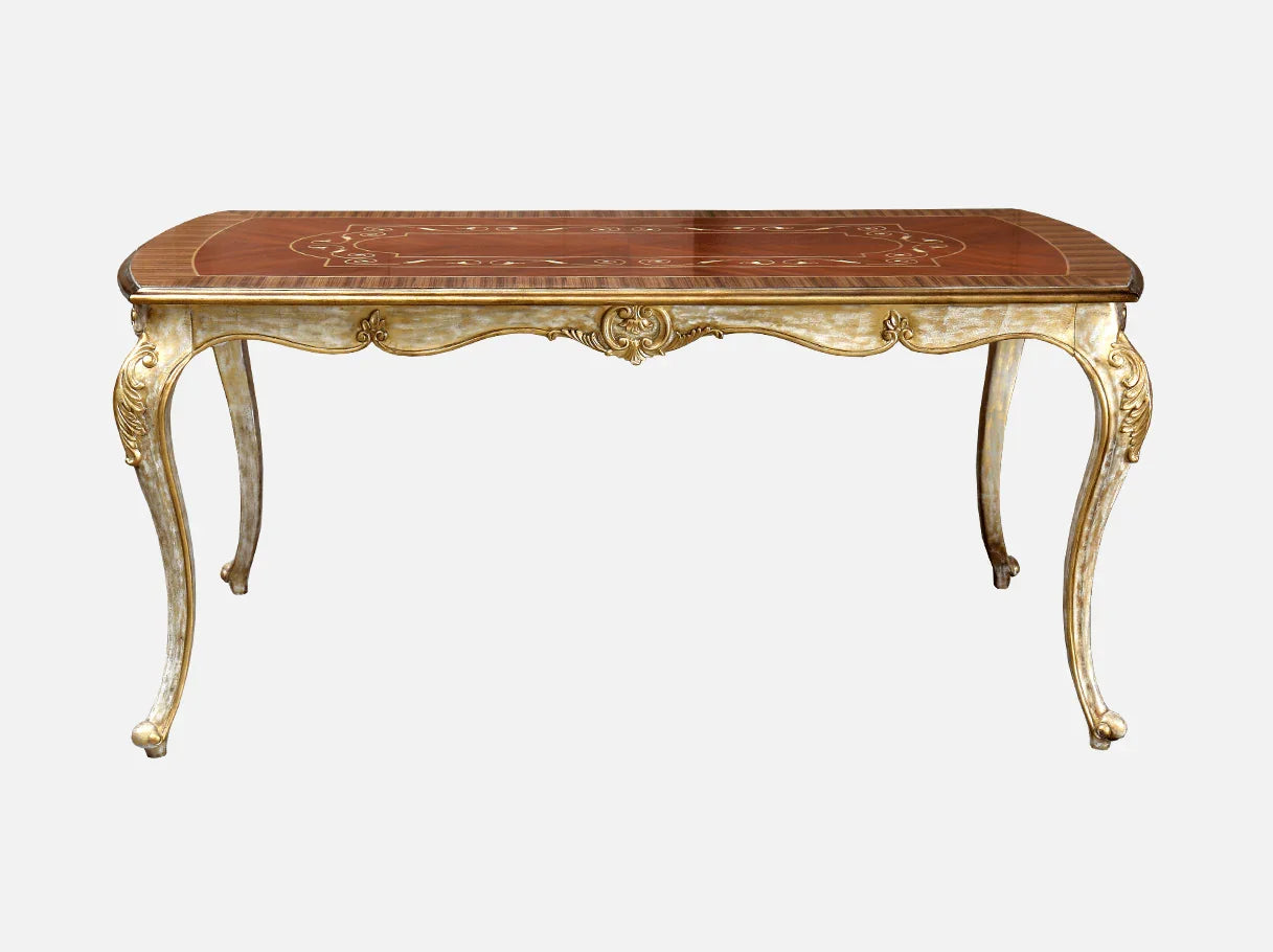 Solid wood dining table D-052 front view: curved legs with carvings, gold leaf accents, polished tabletop – suitable for elegant dining rooms.