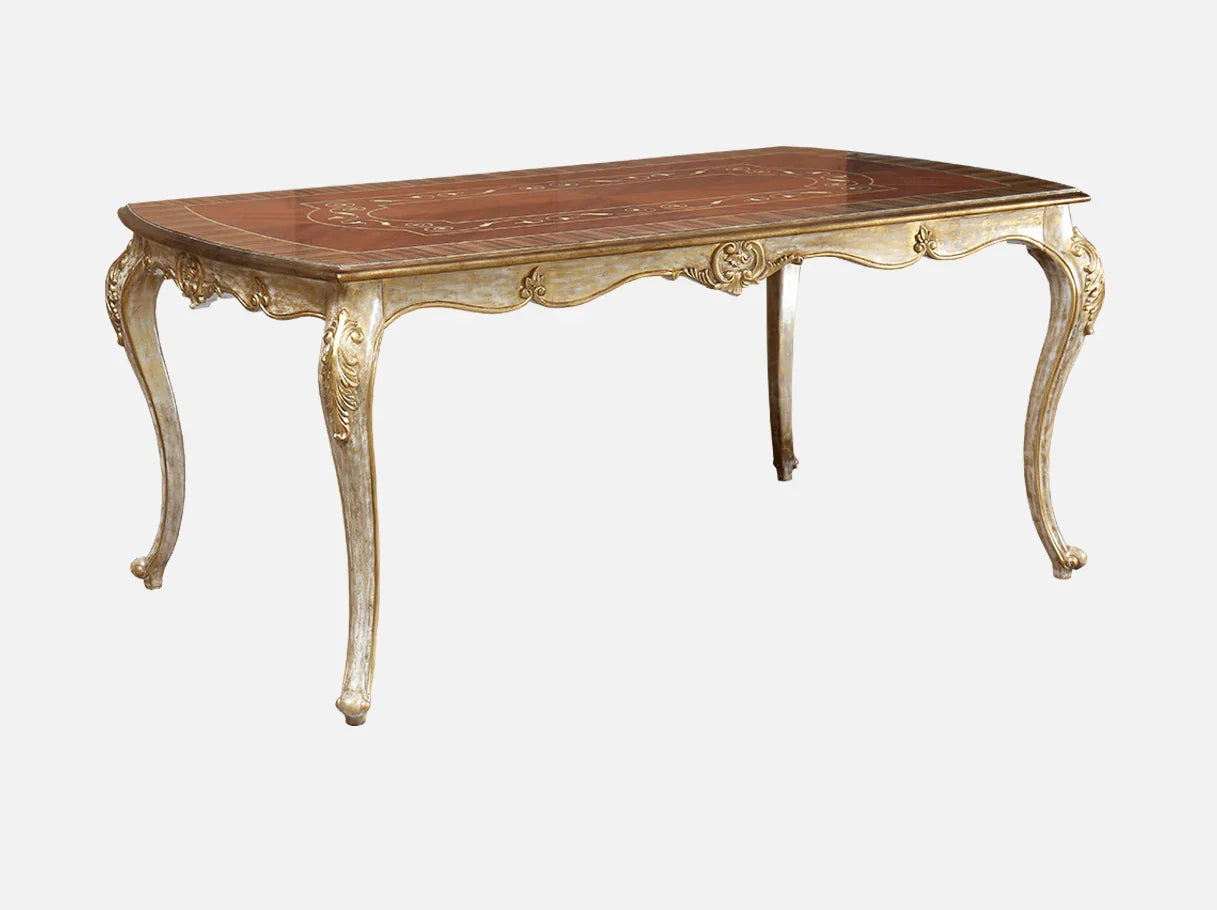 Solid wood dining table D-052 side view: intricate beech wood carving and gold leaf accents, matching French-inspired design, customizable in craftsmanship.